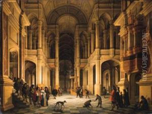 The Interior Of A 
Renaissance-style Church At Night With An Elegantcouple Making An 
Entrance Oil Painting - Anthonie De Lorme