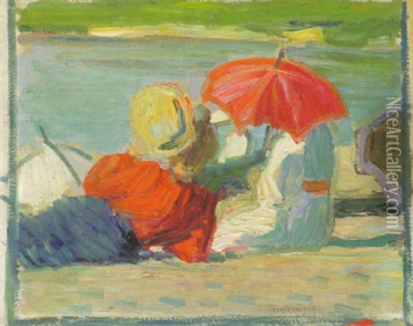 Frauen Mit Rotem Schirm Am Ostseestrand Oil Painting - Franz Noelken