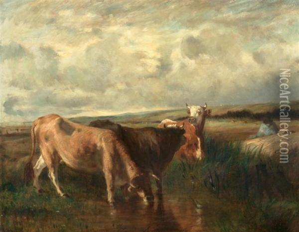 Landscape With Cows. Oil Painting - Constant Troyon