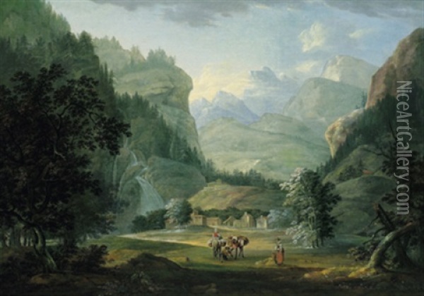 Hochgebirgslandschaft Mit Rastenden Reitern Und Maultieren Oil Painting - Robert Griffier