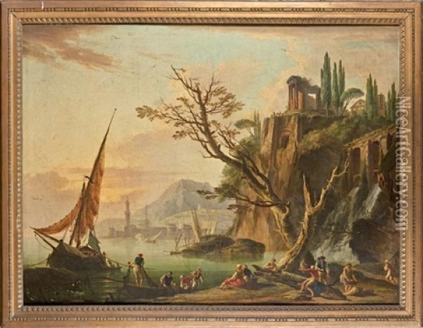 Pecheurs Amarrant Un Bateau Dans Un Port Avec Le Temple De La Sibylle A Tivoli Oil Painting - Charles Francois Lacroix