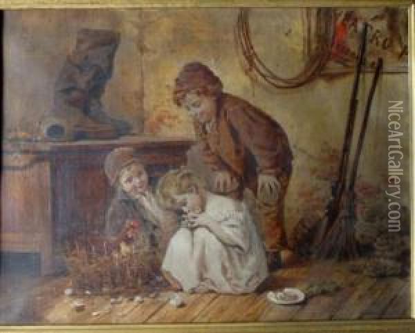 Children Playing With Chicks Oil Painting - Antonio Rotta