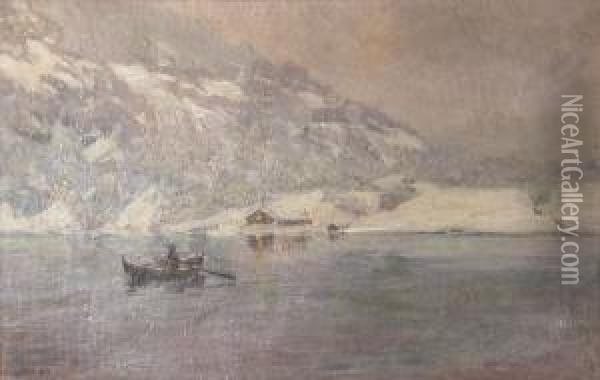 Vinterlandskap Med Roende Mann Oil Painting - Gudmund Stenersen