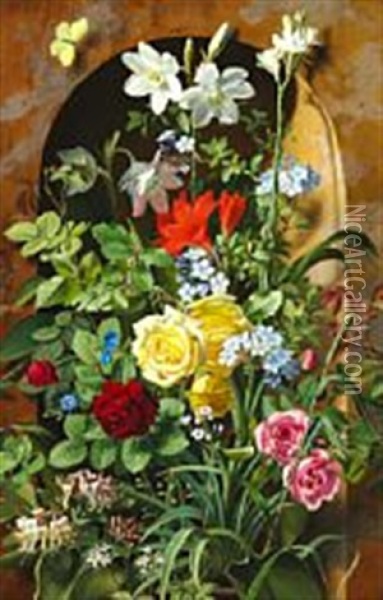 A Flower Still Life In Front Of A Niche Oil Painting - Otto Didrik Ottesen