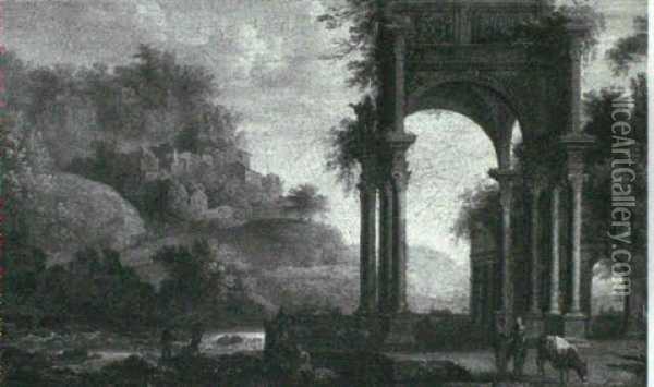 A Capriccio Of A Ruined Classical Portico By A River With   The Flight Into Egypt Oil Painting - Pierre Antoine Patel