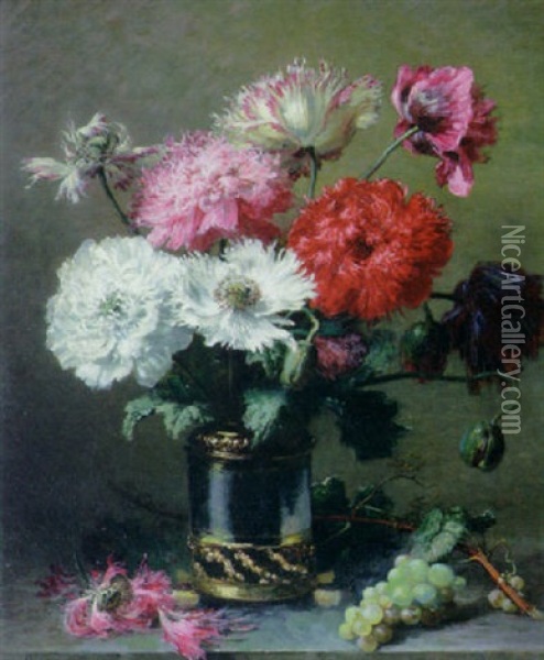 Poppies In A Metal Vase With A Bunch Of Grapes On A Table Oil Painting - Alexis Kreyder