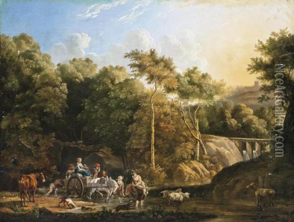 A Wooded River Landscape With Travellers, A Castle Beyond Oil Painting - Nicolaes Berchem