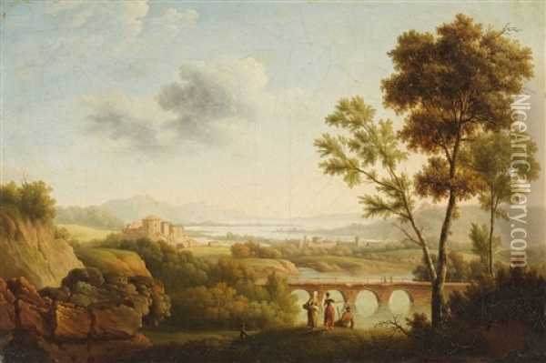 Panoramic River Landscape With Resting Figures Oil Painting - Pierre Joseph Petit
