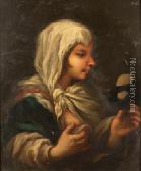 A Young Woman, In Profile, In A White Smock And A Blue Cloak, Holding A Carnival Mask Oil Painting - Paolo di Matteis