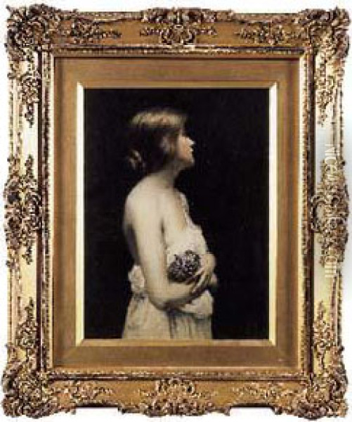 Jeune Fille Au Bouquet De Violettes Oil Painting - Charles Chambon