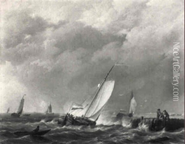 Dutch Fishing Pinks Tacking Off The Coast In A Stiff Breeze Oil Painting - Johannes Hermanus Koekkoek