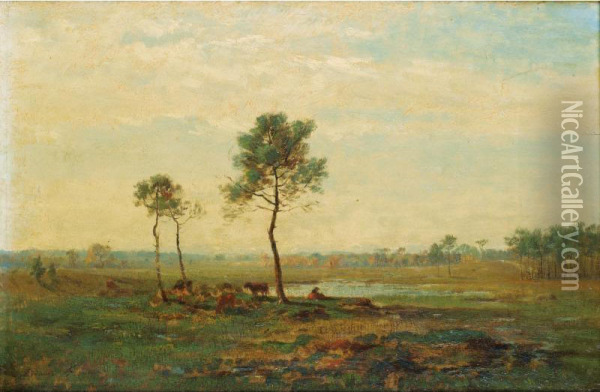 Paysage A La Mare [ ; Landscape ; Oil On Panel ; Signed And Dedicated Lower Left ] Oil Painting - Charles Busson