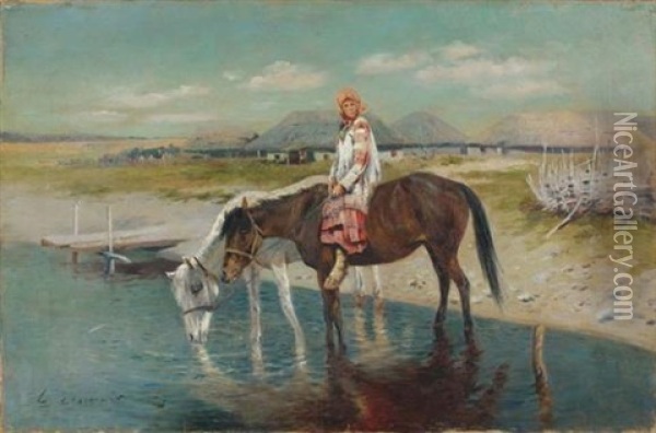 Jeune Fille Russe A Cheval Au Bord De L'eau Oil Painting - Sergei Semyonovich Voroshilov