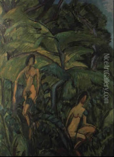 Zwei Badende Zwischen Baumen, Fehmarn Oil Painting - Ernst Ludwig Kirchner