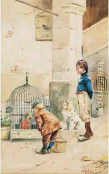 Deux Enfants Et Perroquet Oil Painting - Francois Louis Lanfant de Metz