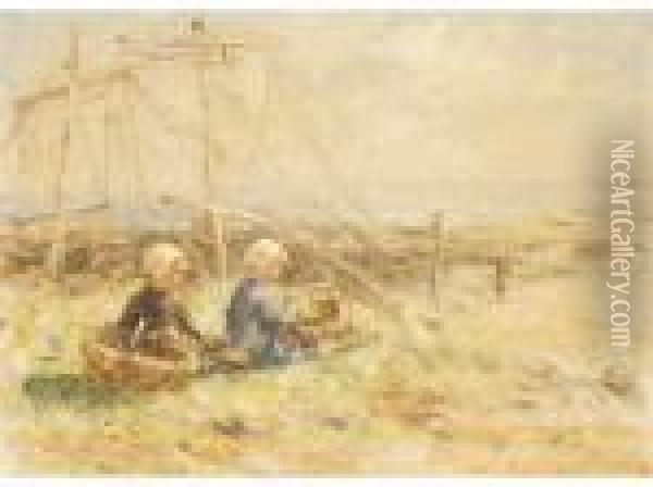 Fishergirls With Baskets Awaiting The Catch Oil Painting - Robert Gemmell Hutchison