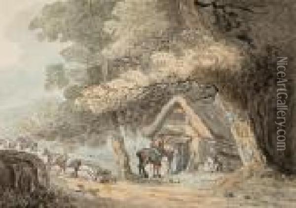 Figures Before A Thatched Woodlandcottage Oil Painting - Thomas Rowlandson