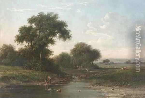 Boys fishing by a stream Oil Painting - William Heath