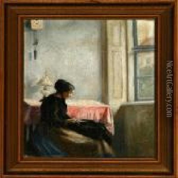 Woman With Her Neddlework In A Sunny Living Room Oil Painting - Hans Chr. Hansen Vantore