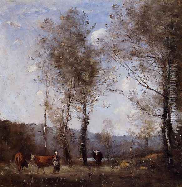 Ville d'Avray, Cowherd in a Clearing near a Pond Oil Painting - Jean-Baptiste-Camille Corot