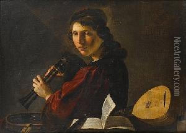 A Young Man Holding Bagpipes 
Standing Beside A Table With A Lute, A Tambourine And A Book Of Music Oil Painting - Pietro Paolini