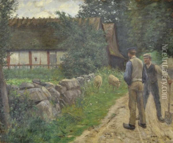 Sommarlandskap Med Lantarbetare Och Grisar Framfor Korsvirkeshus Oil Painting - Karl Aspelin