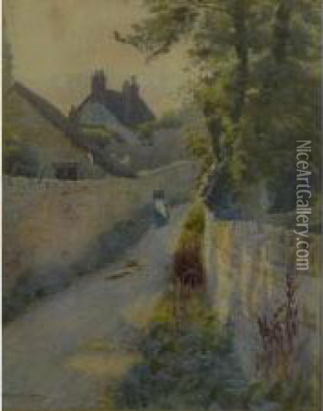 A Lady Walking Down A Walled Lane Oil Painting - Charles Ward