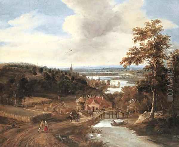 A wooded river landscape with harvesters and travellers on a bridge, a town beyond Oil Painting - Gerrit Van Battem