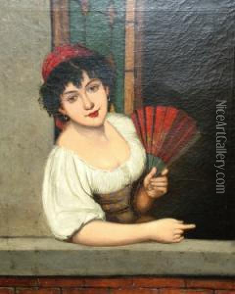Portrait Of A Spanish Lady Half-length Leaning Out Of A Window Holding A Fan Oil Painting - Jules Salles-Wagner