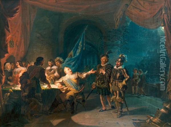 Gustav Ii Adolf Having A War Negotiation In Wurtzburg, Giving Commands To Axel Lillje And Ramsay Oil Painting - Robert Wilhelm Ekman