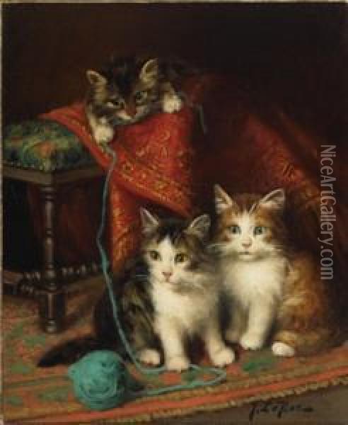 Kittens Playing With A Ball Of Yarn Oil Painting - Jules Leroy