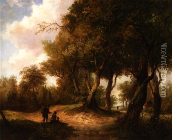 Forest Landscape With Travellers Oil Painting - Hendrik Pieter Koekkoek