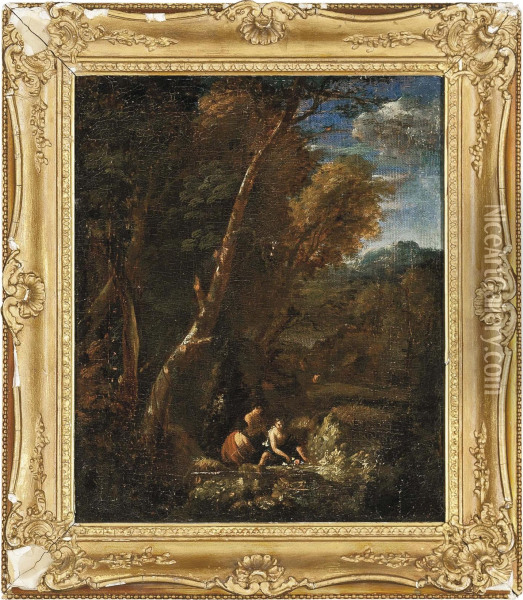 A Wooded Landscape With Classical Figures Oil Painting - Gaspard Dughet Poussin