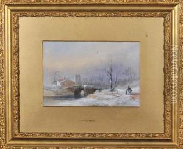 Winter Scene - A Woman And Child On A Path Approaching A Bridge And A Village Beyond Oil Painting - Thomas Miles Richardson