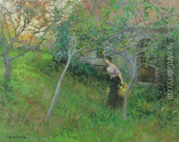 Kvinna I Tradgard Oil Painting - Allan Erik August Oesterlind