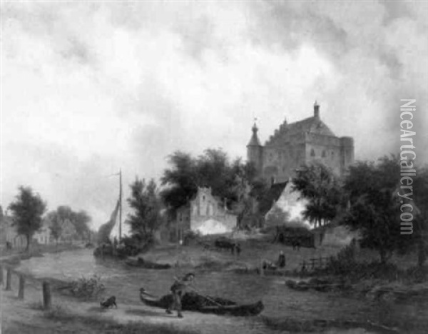 Kasteel Omringd Door Huizen Aan Een Riviertje Oil Painting - Bartholomeus Johannes Van Hove