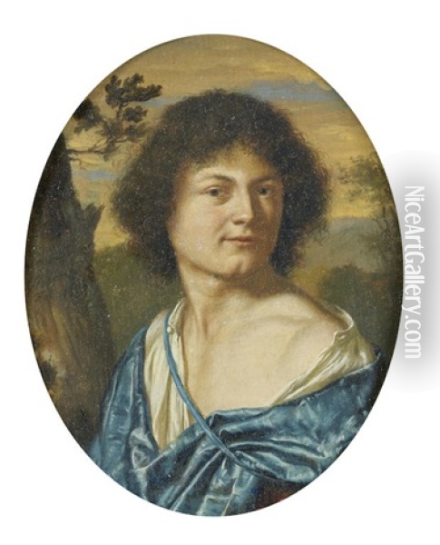 Portrait Of A Young Man, Bust-length, In Blue And White, Before A Landscape Oil Painting - Frans van Mieris the Elder