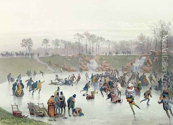 Skaters on the Lake at Bois de Boulogne Oil Painting - Eugene Charles Francois Guerard