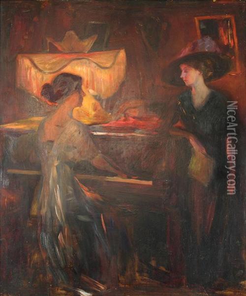 Interior With Two Figures Oil Painting - Emil Fuchs