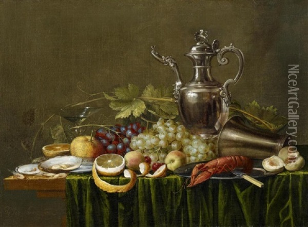 Variastillleben Mit Silberkanne, Becher, Fruchten Und Kleinem Hummer Oil Painting - Jan Pauwel Gillemans The Elder