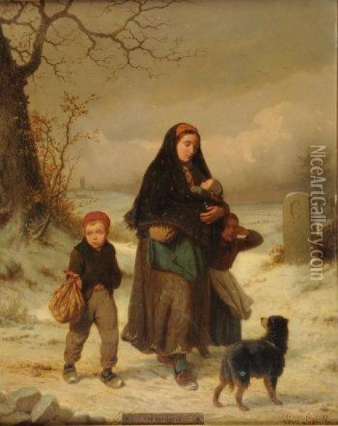 The Refugees, Woman And Children With A Dog In A Snowy Landscape Oil Painting - Louis Simon Lassalle
