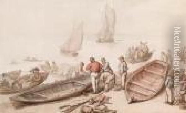 A Scene With Boats Including Sailors And Other Figures Oil Painting - Thomas Rowlandson