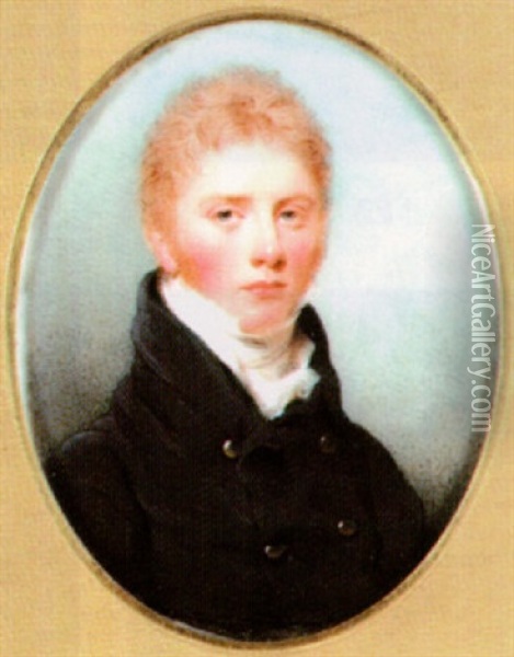 A Young Gentleman, With Side Whiskers, Wearing Blue Coat With Gold Buttons, White Waistcoat, Stock And Cravat Oil Painting - Thomas Hargreaves