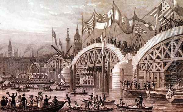 New London Bridge with the Lord Mayors Procession Passing under the Unfinishd Arches, engraved by Thomas Higham 1796-1844 pub. by Jones and Co. November 1828 Oil Painting - Thomas Hosmer Shepherd