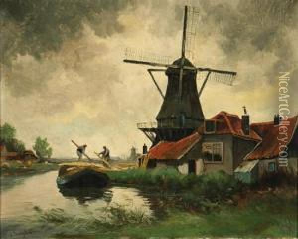 Estuary Scene With Windmill Oil Painting - Christian Snijders