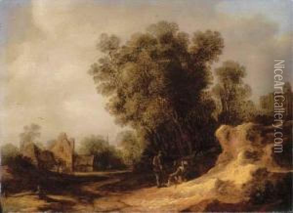 A Landscape With Peasants Resting On A Bank, A Village Beyond Oil Painting - Reinier Van Der Laeck