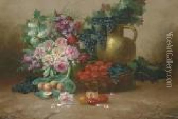 Still Life With Flowers, Fruits, Vegetables And A Copper Jug Oil Painting - Max Carlier