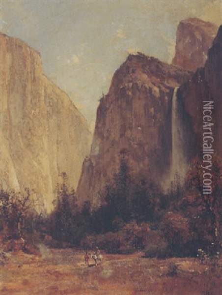 Figures Near Bridal Veil Falls, Yosemite Oil Painting - Thomas Hill