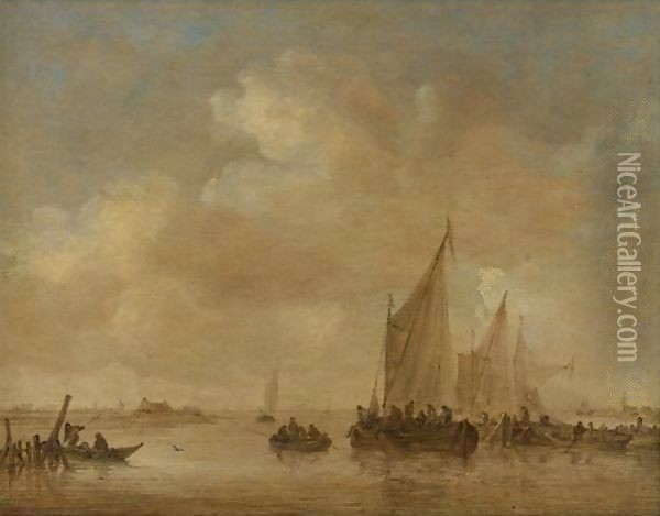 Fishing Boats In An Estuary Oil Painting - Jan van Goyen