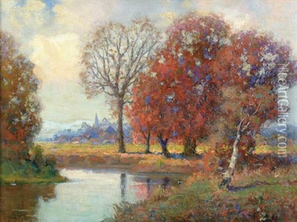 Fall Landscape With Distant Village Oil Painting - Royal Hill Milleson